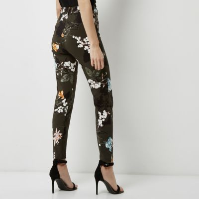 Khaki floral tapered slim fit trousers